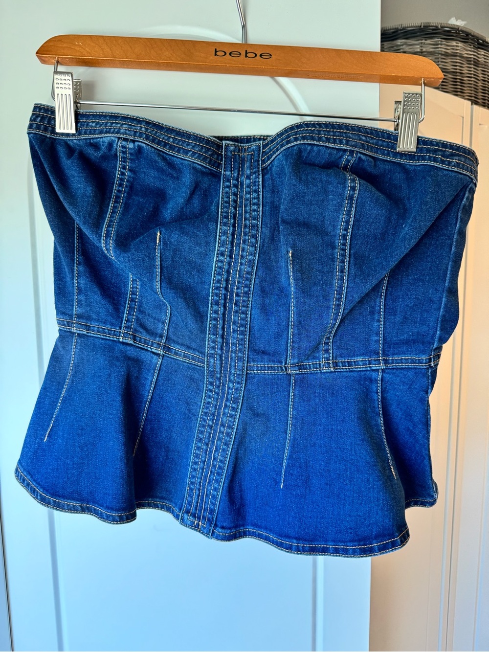 bebe Dark Blue Denim Top with Peplum Detail